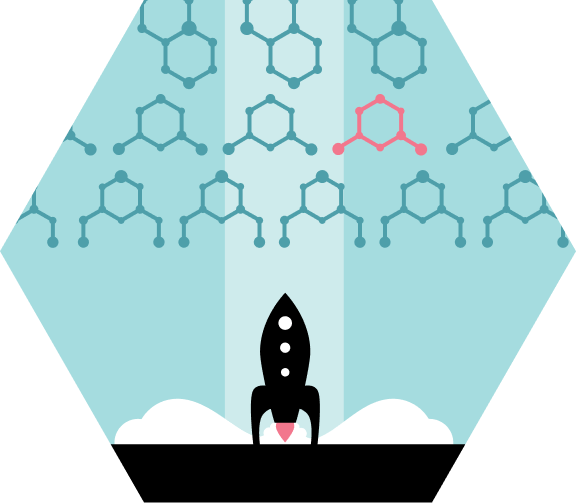 A rocket ship taking off into sky filled with molecules