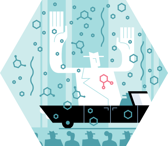 A scientist waves from back seat of car during ticker tape parade of molecules